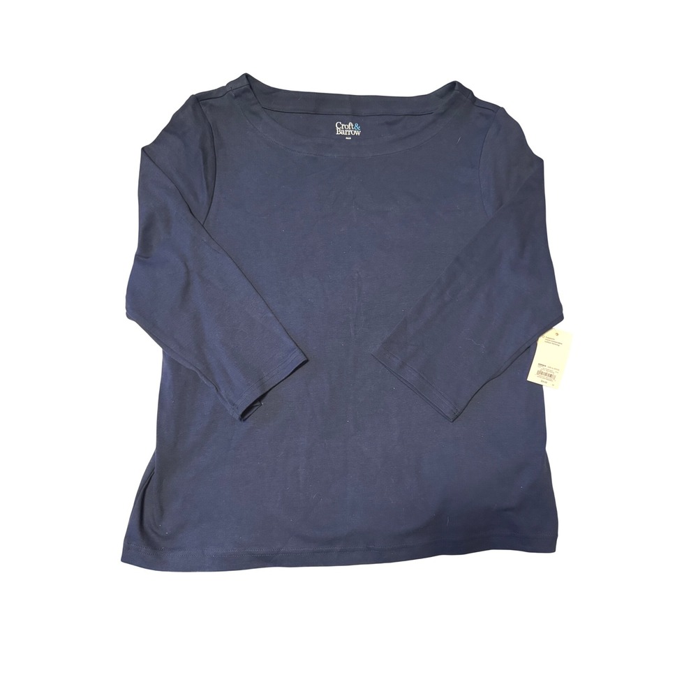 Croft & Barrow Womens Petite‎ XL River Navy Boatneck 3/4 Sleeve Cotton Top NWT